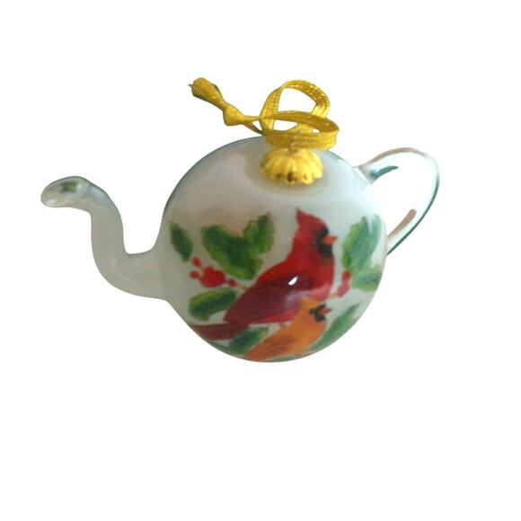 Vintage 1998 Studio Nova Cardinals on Teapot Glass Christmas Ornament - Picture 1 of 9
